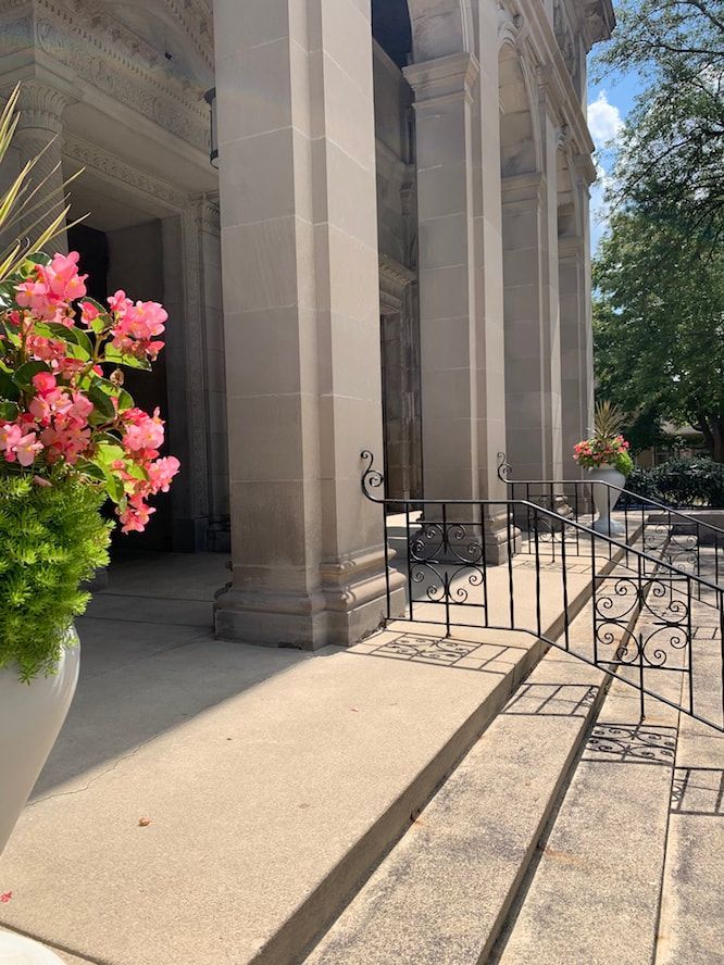 A potted plant is sitting on the steps of a building.