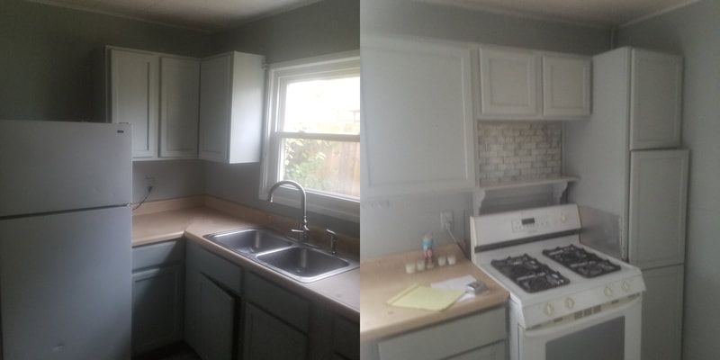 A before and after photo of a kitchen with a refrigerator and stove.