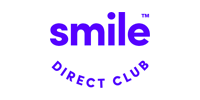 The smile direct club logo is purple and white on a white background.