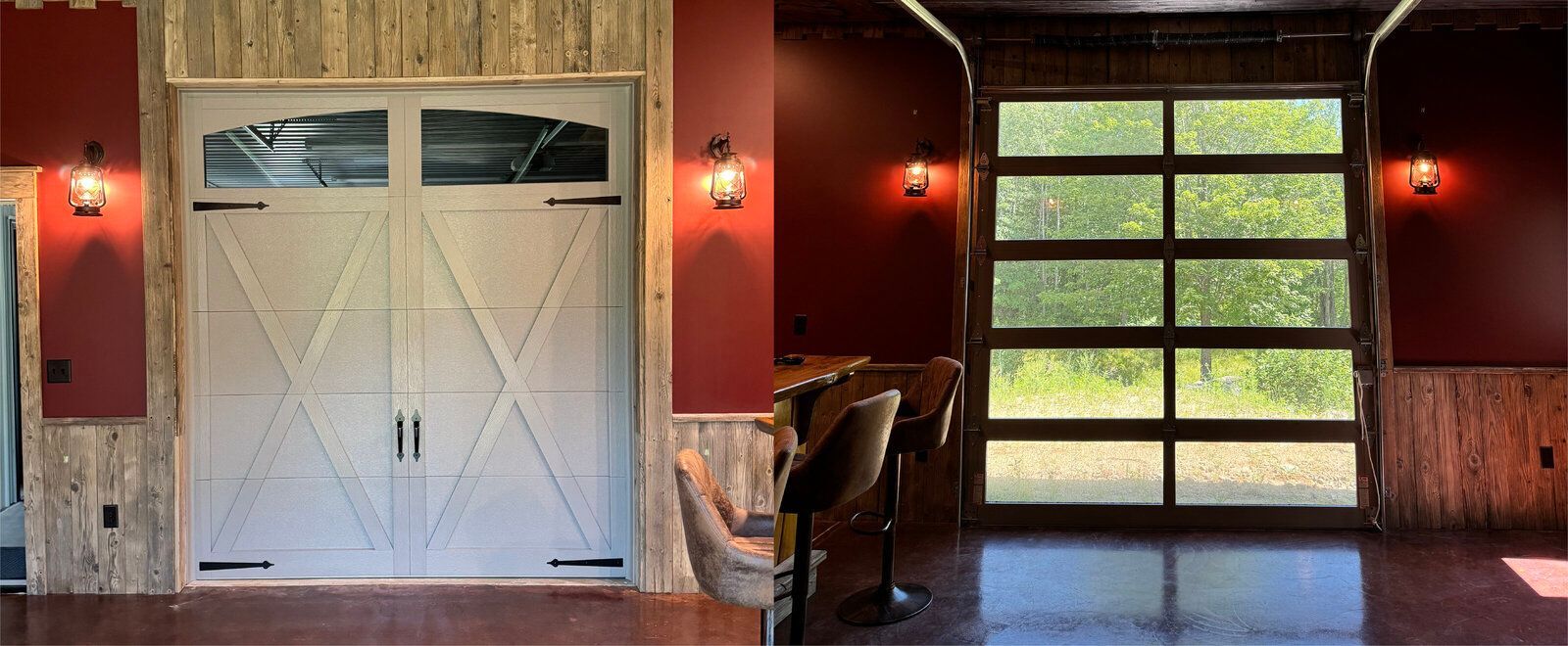 A picture of a garage door and a picture of a living room.