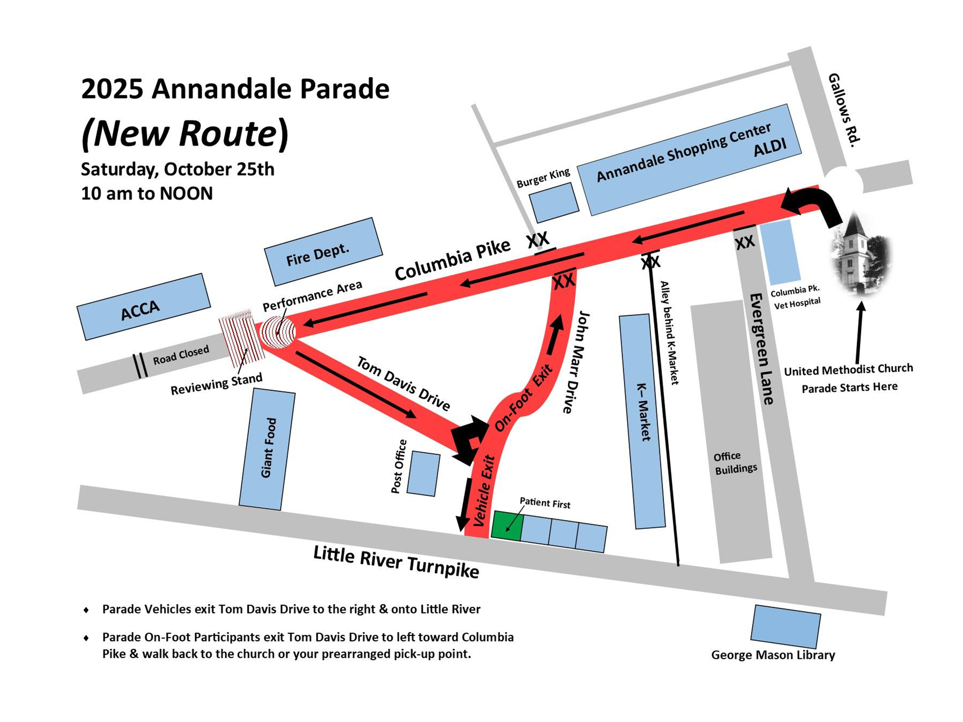 Map of the 2025 Annandale Parade route: red arrows indicate the parade route through Annandale, Virginia.