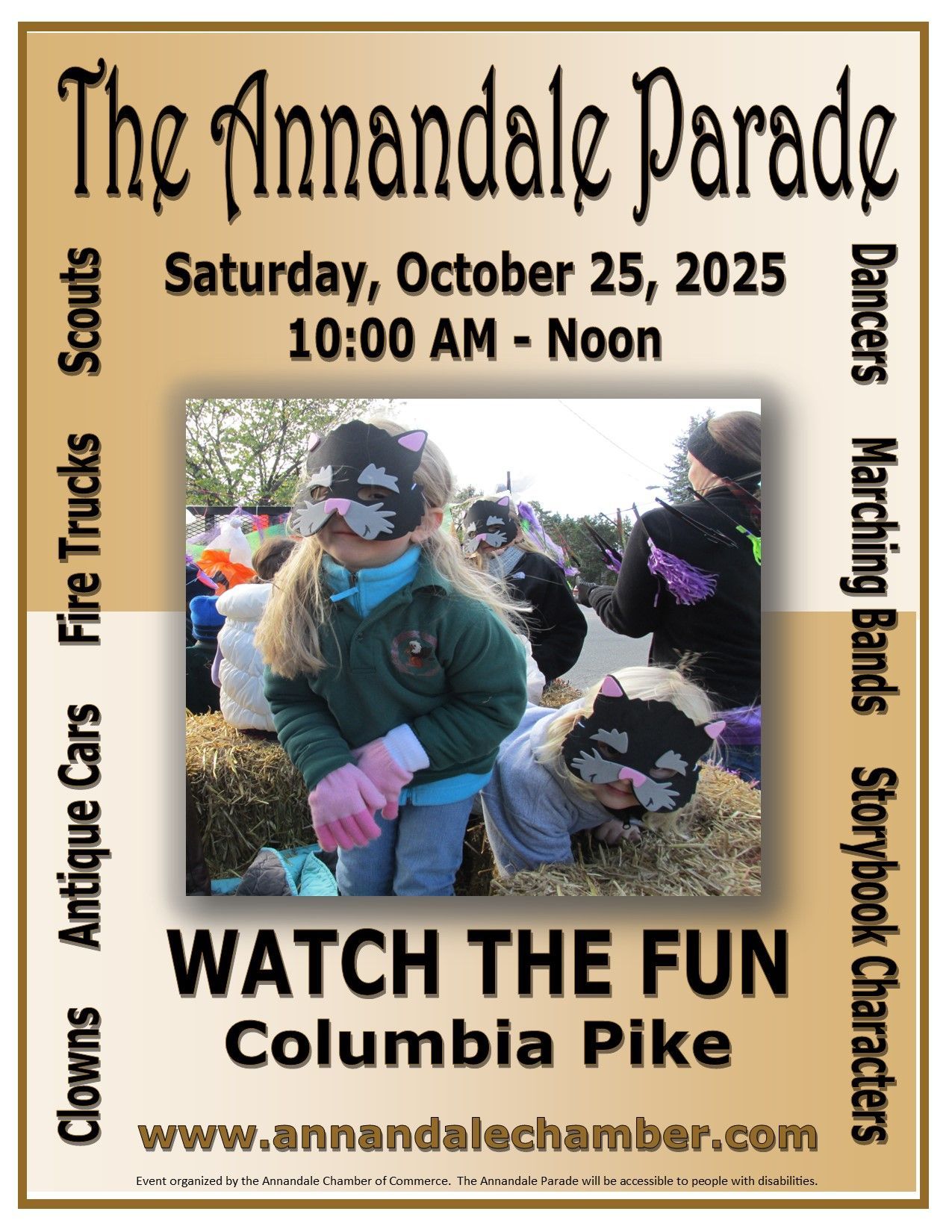Poster: Annandale Parade, October 25, 2025, 10 AM-Noon. Features children in costumes, watching parade on Columbia Pike.