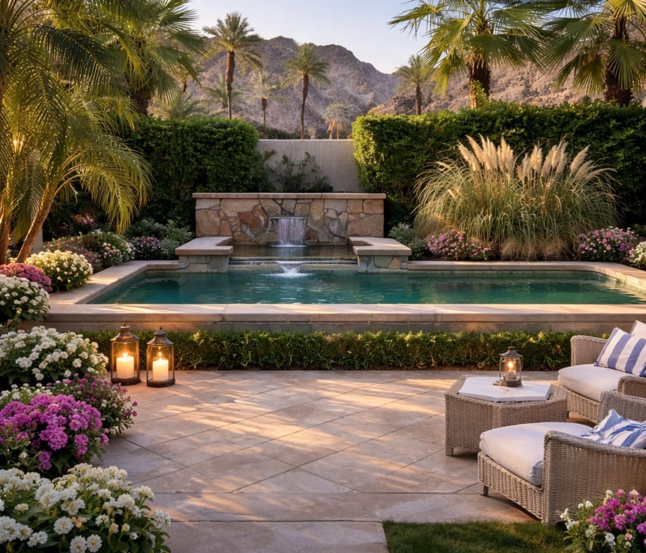 Elegant backyard patio with pool, fountain, lounge chairs, candles, and lush flowers at sunset