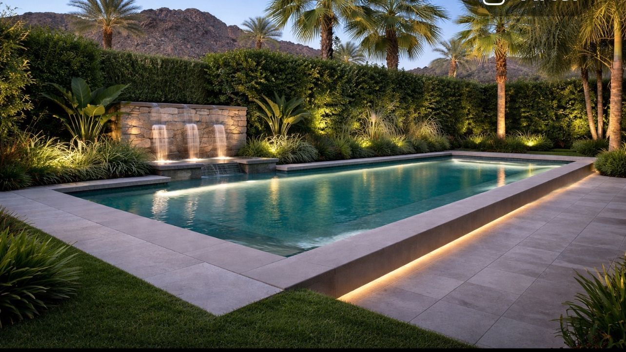 Modern backyard pool at dusk, with palm trees, stone deck, and mountain backdrop