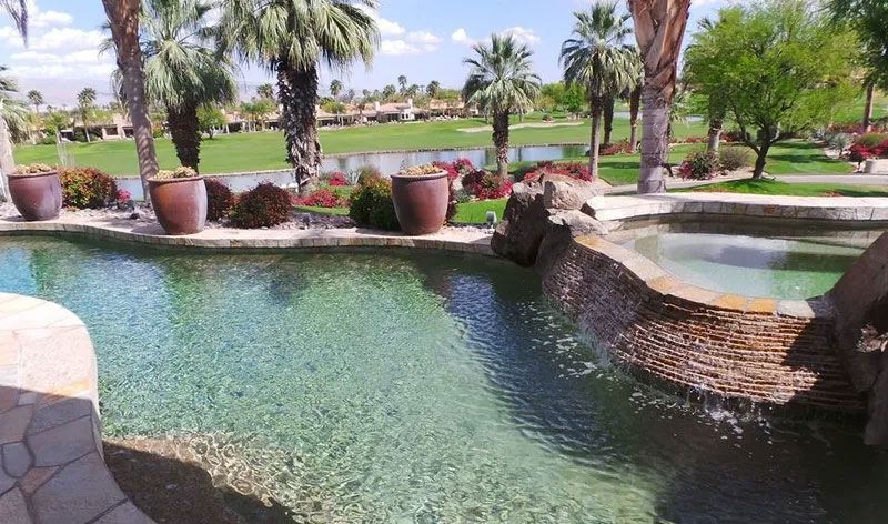 A large swimming pool surrounded by palm trees and potted plants