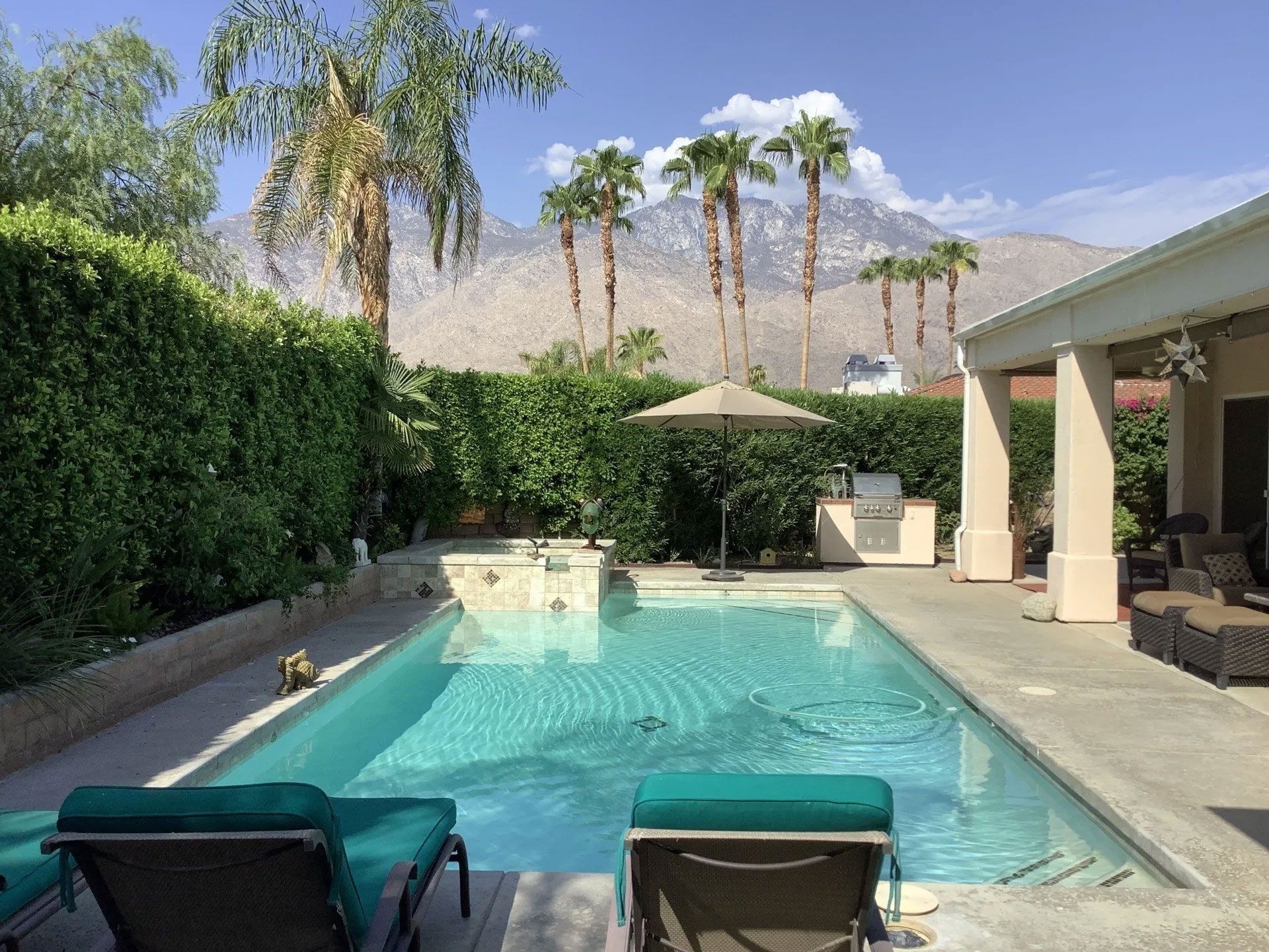 A large swimming pool with a mountain in the background