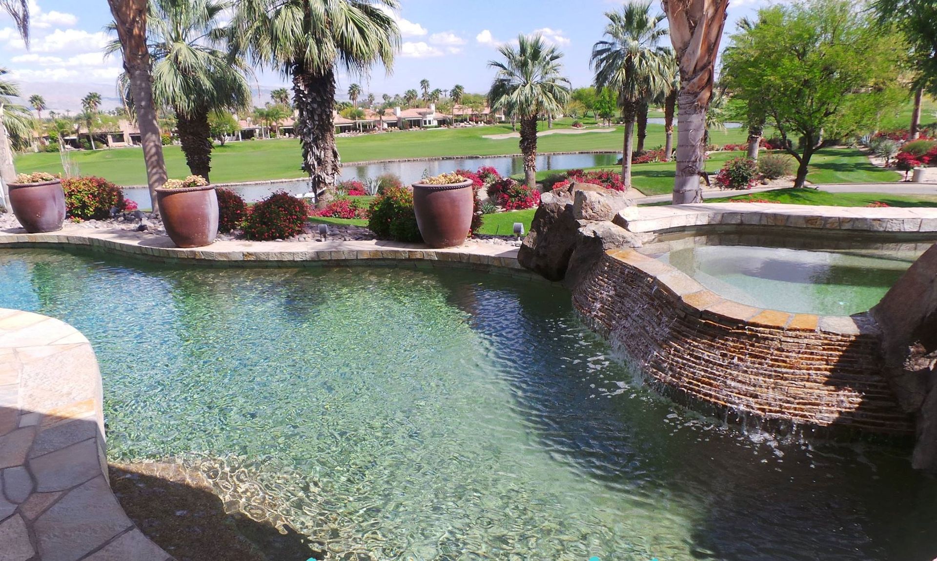 A large swimming pool with palm trees in the background