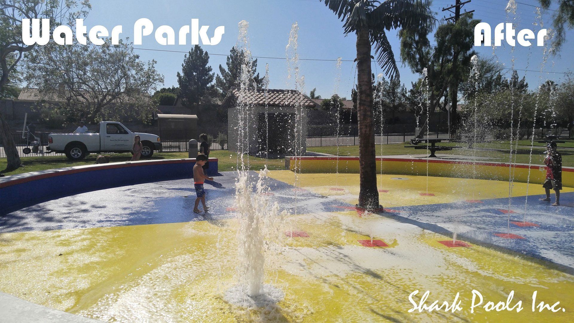 A before and after photo of a water park