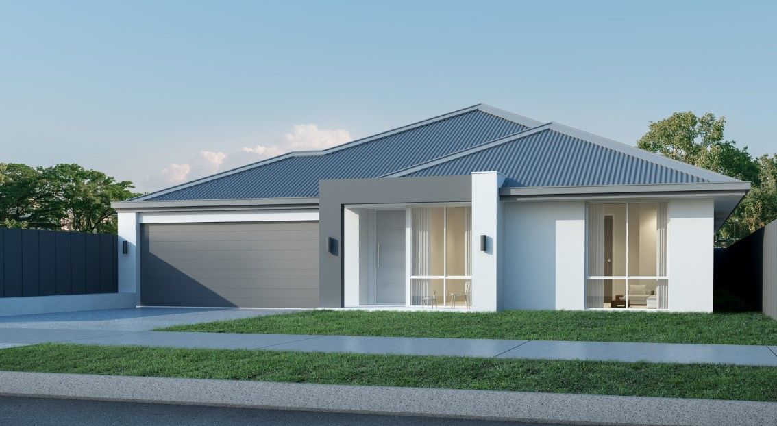 An artist 's impression of a house with a blue roof.