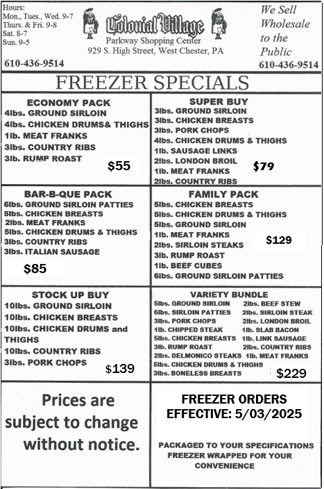 Freezer specials for Colonial Village Meat Market