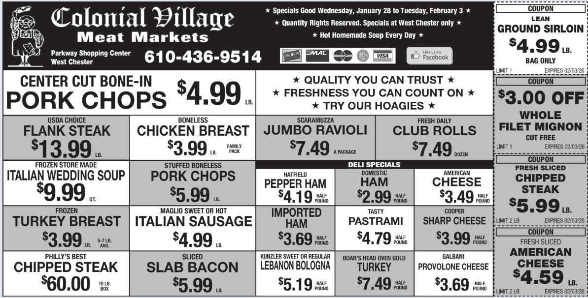 Advertisement for Colonial Village Meat Markets, offering specials and sandwich deals.