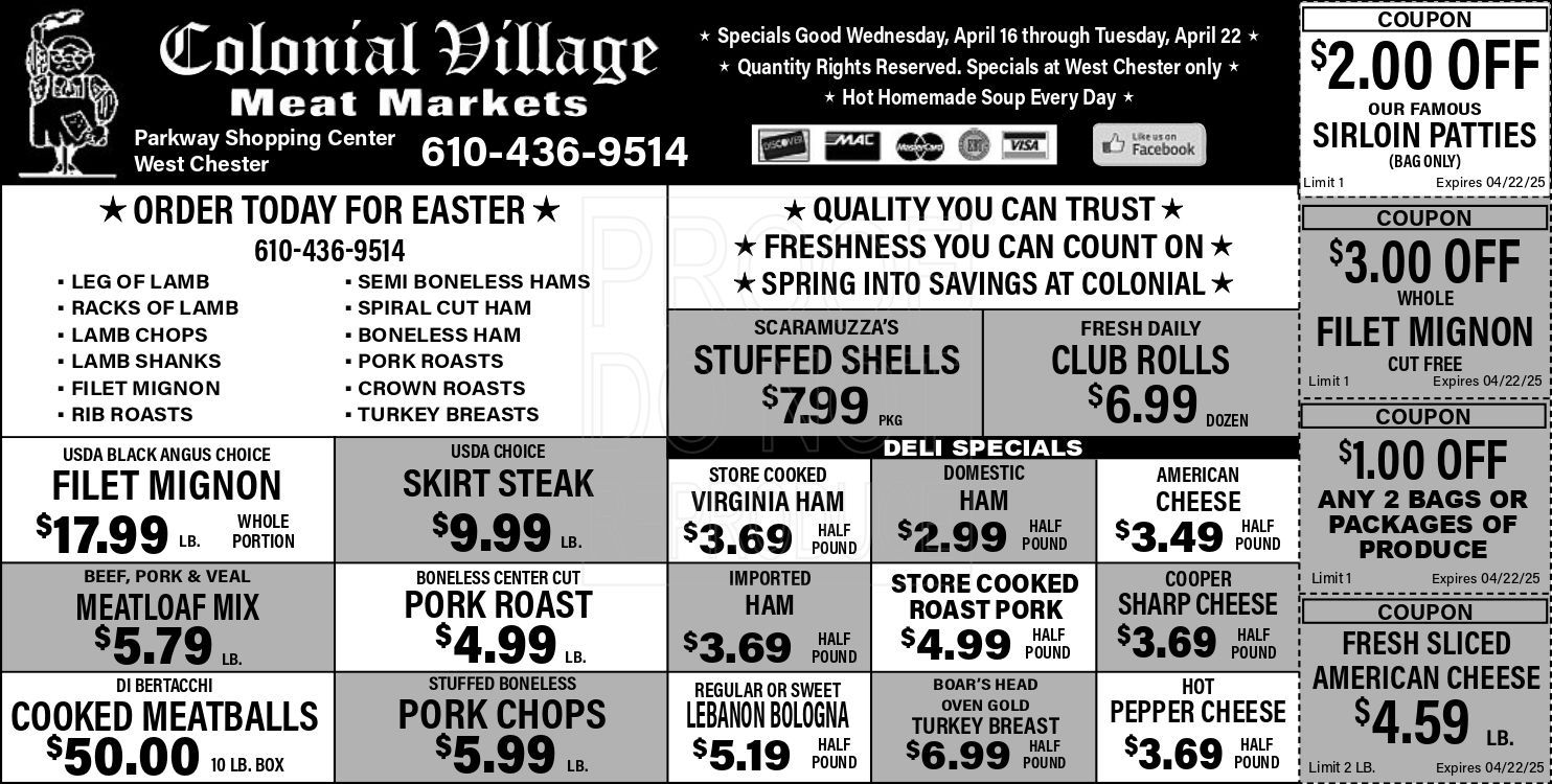Colonial Village Meat Market, April 2025 Specials