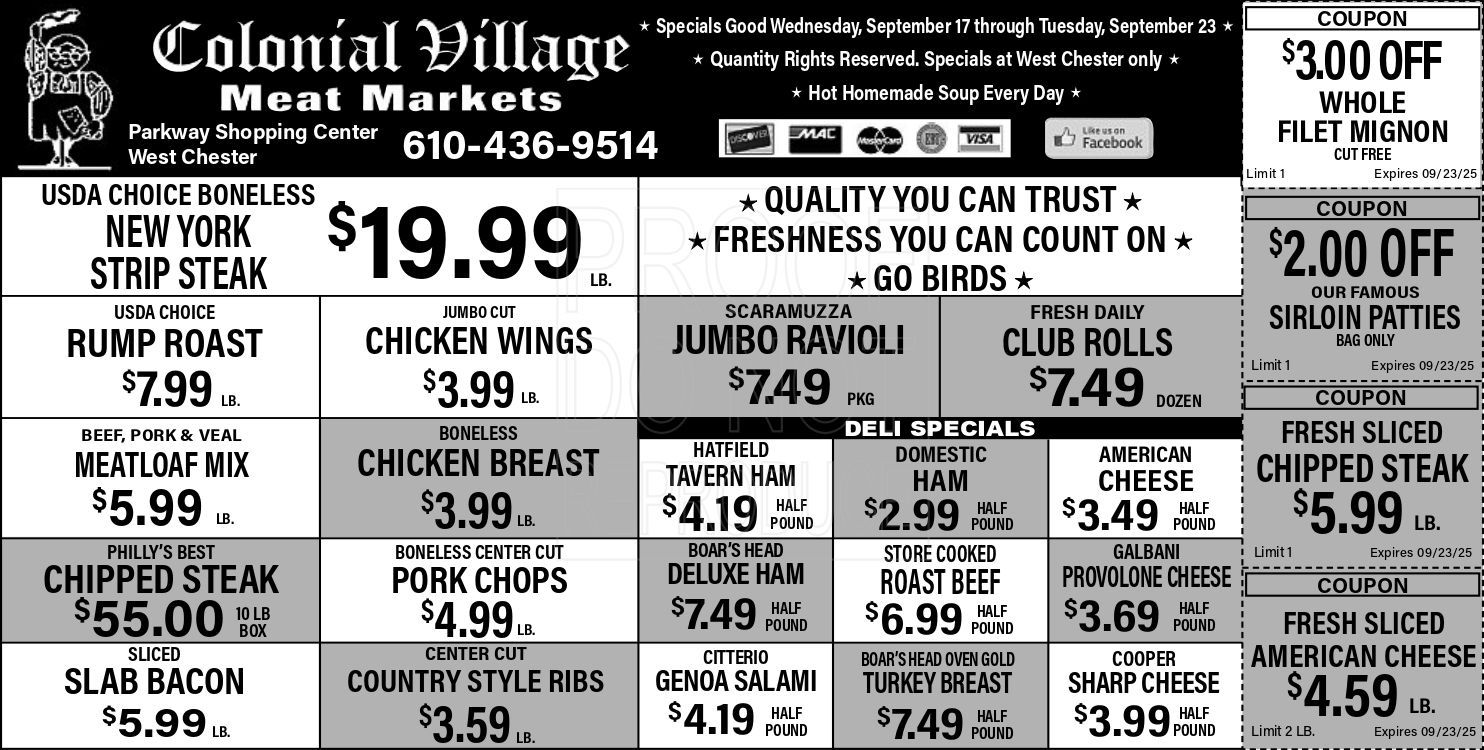 Colonial Village Meat Markets ad with prices for various meats and coupons for discounts.