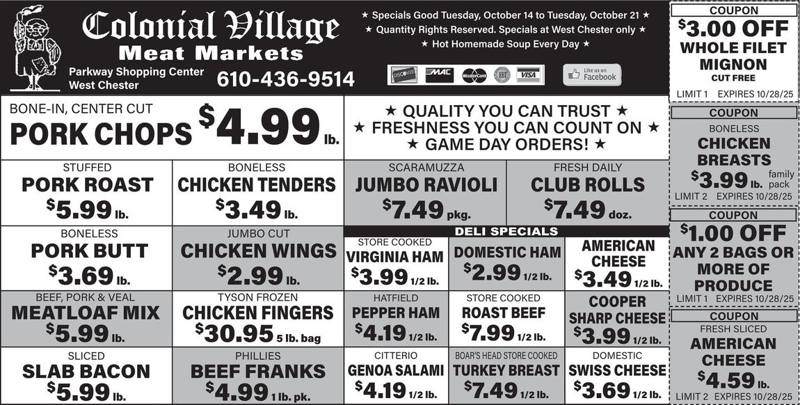 Colonial Village Meat Market ad with prices for pork chops, chicken, cheese, etc.