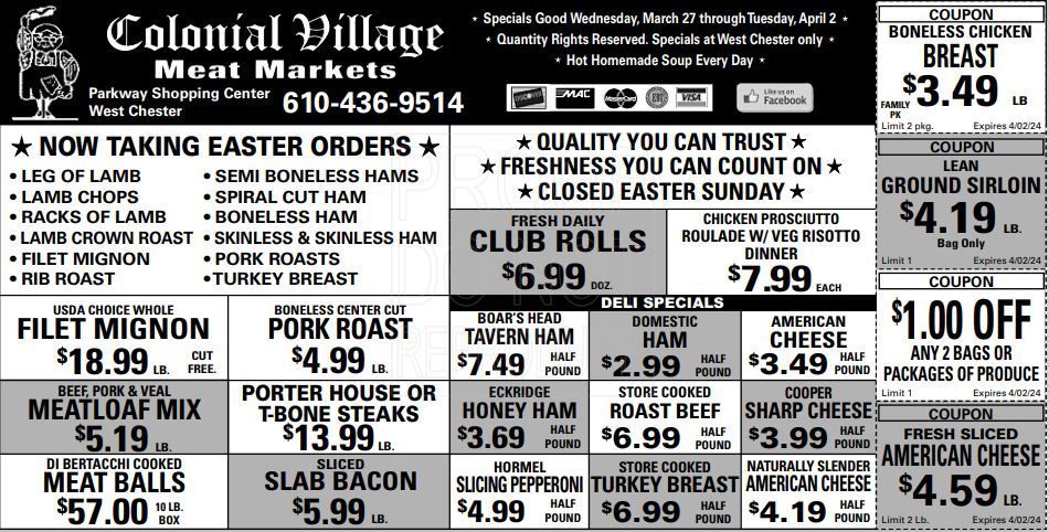 Colonial Village Meat Market March 27 - April 02 Specials