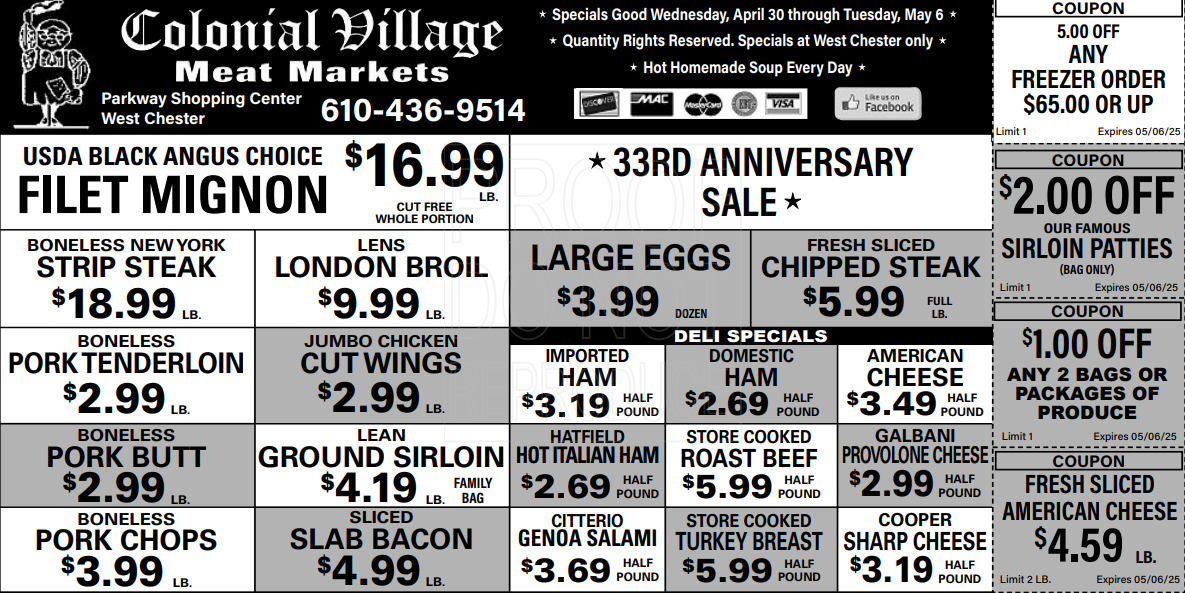 Colonial Village Meat Market, May 2025 Specials Coupons