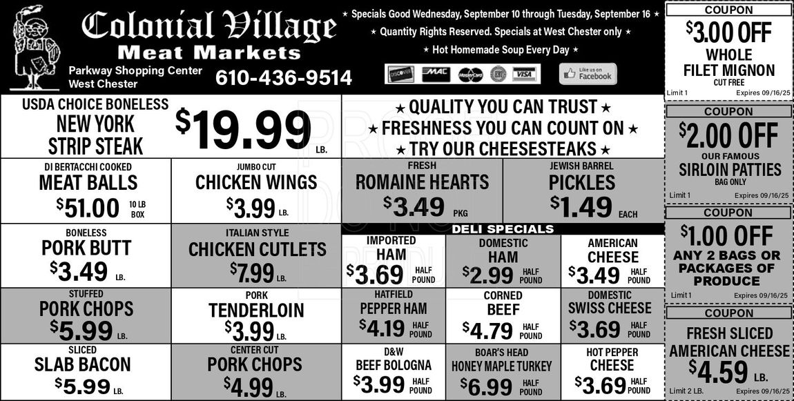Colonial Village Meat Markets ad. Features prices for various meats, produce, and coupons.