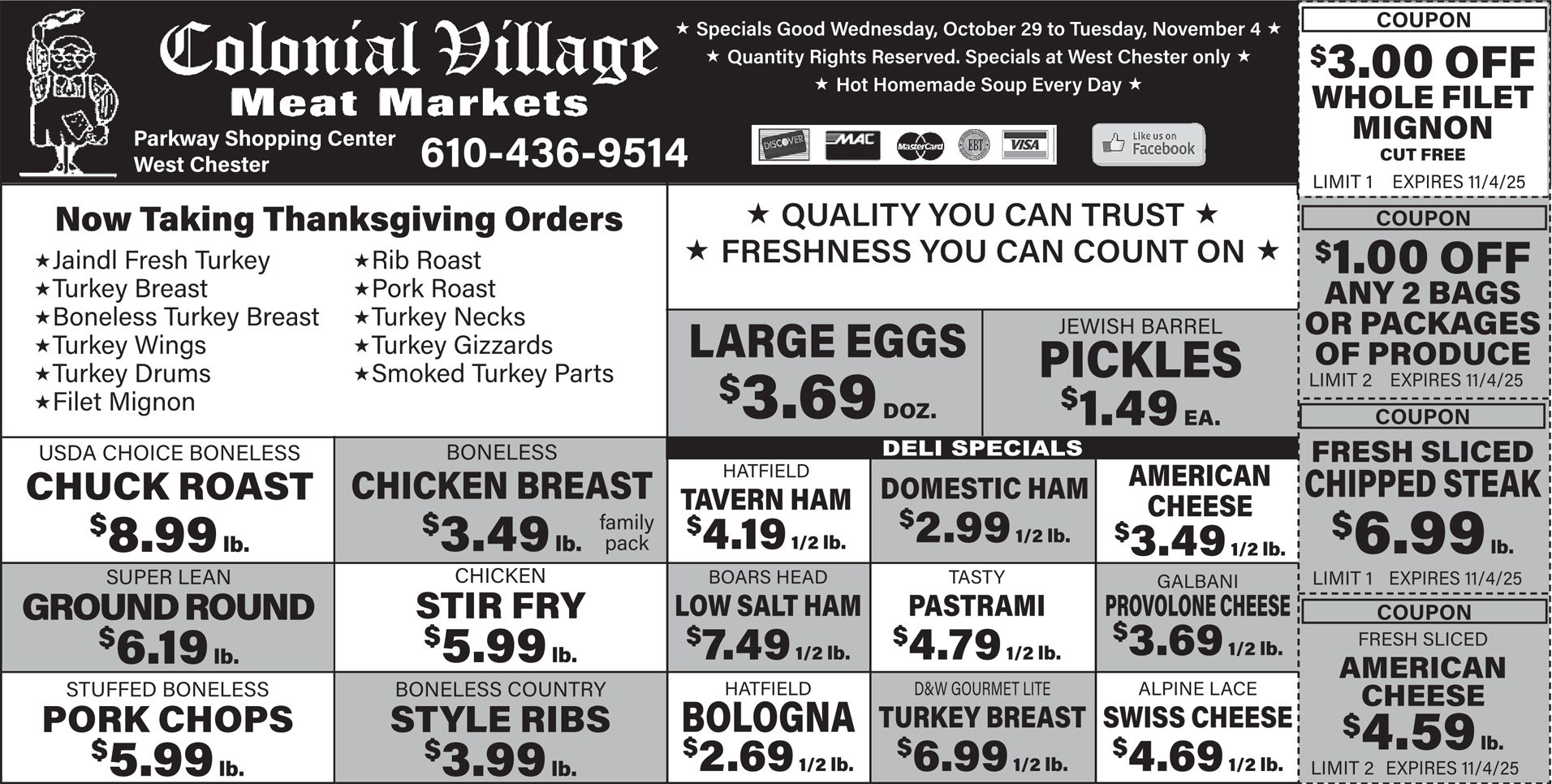 Colonial Village Meat Markets ad with prices for meat and produce, including pork chops, chicken, and cheese.