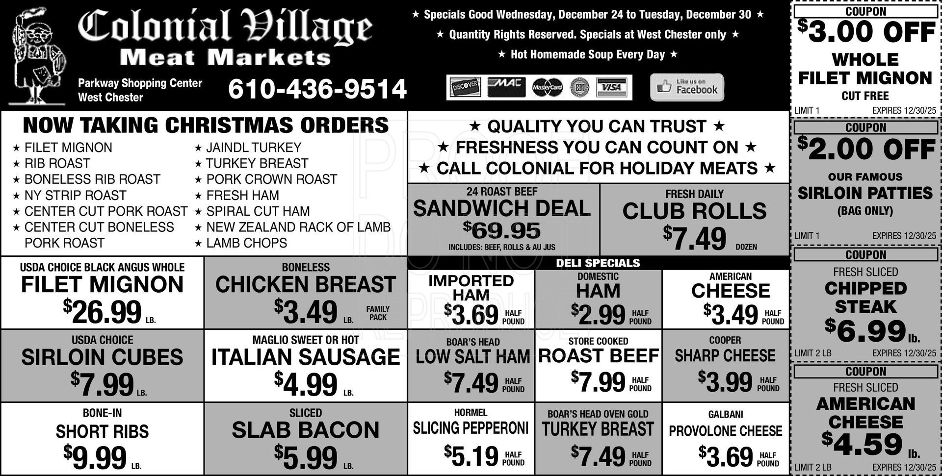 Advertisement for Colonial Village Meat Markets, offering holiday orders, deals on meats like filet mignon, chicken breast, and sandwich specials.