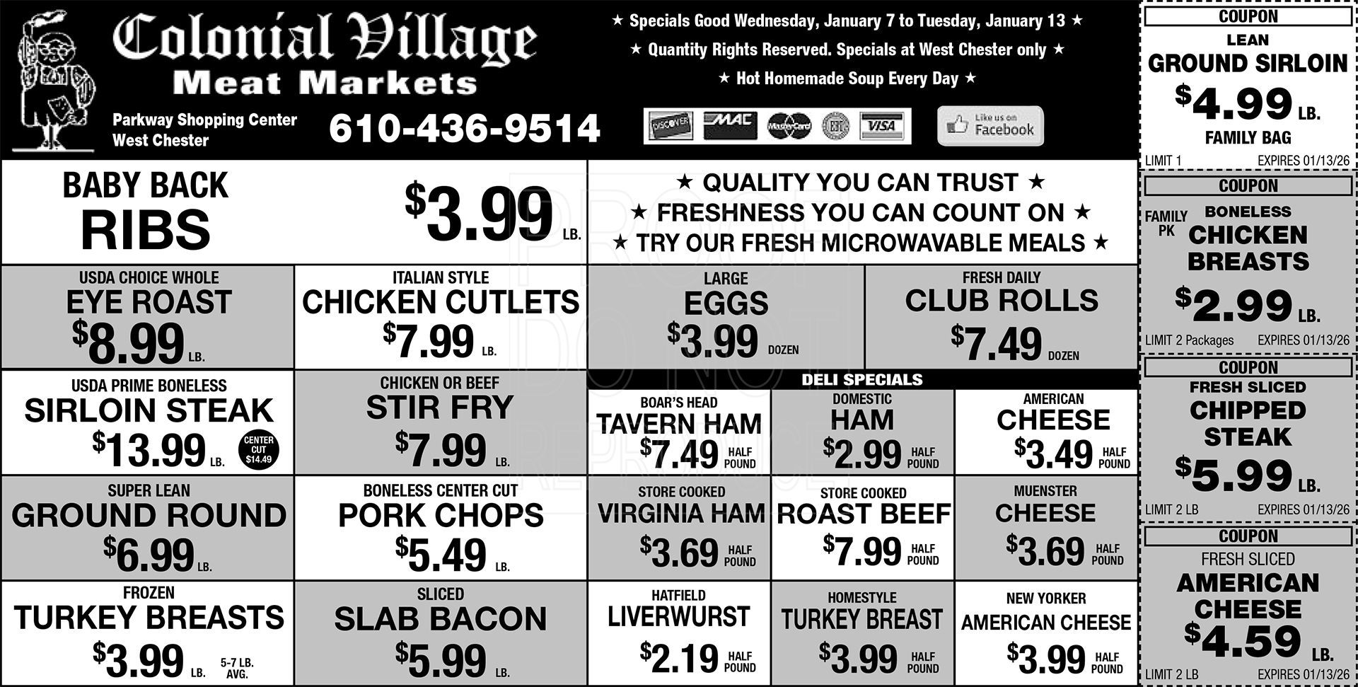 Advertisement for Colonial Village Meat Markets, offering holiday orders, specials, and sandwich deals.