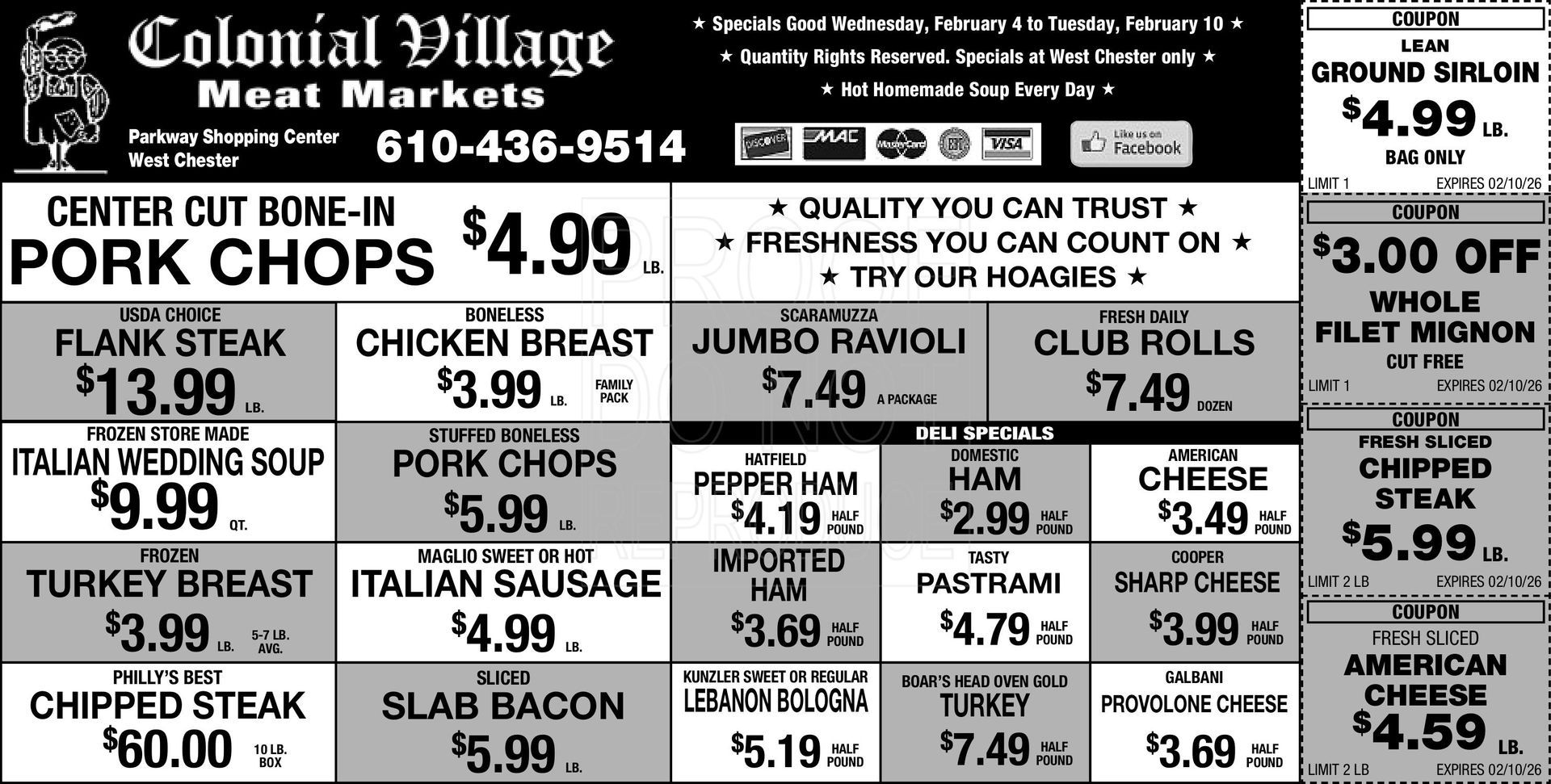 Grocery store advertisement with prices for various meats and other items.