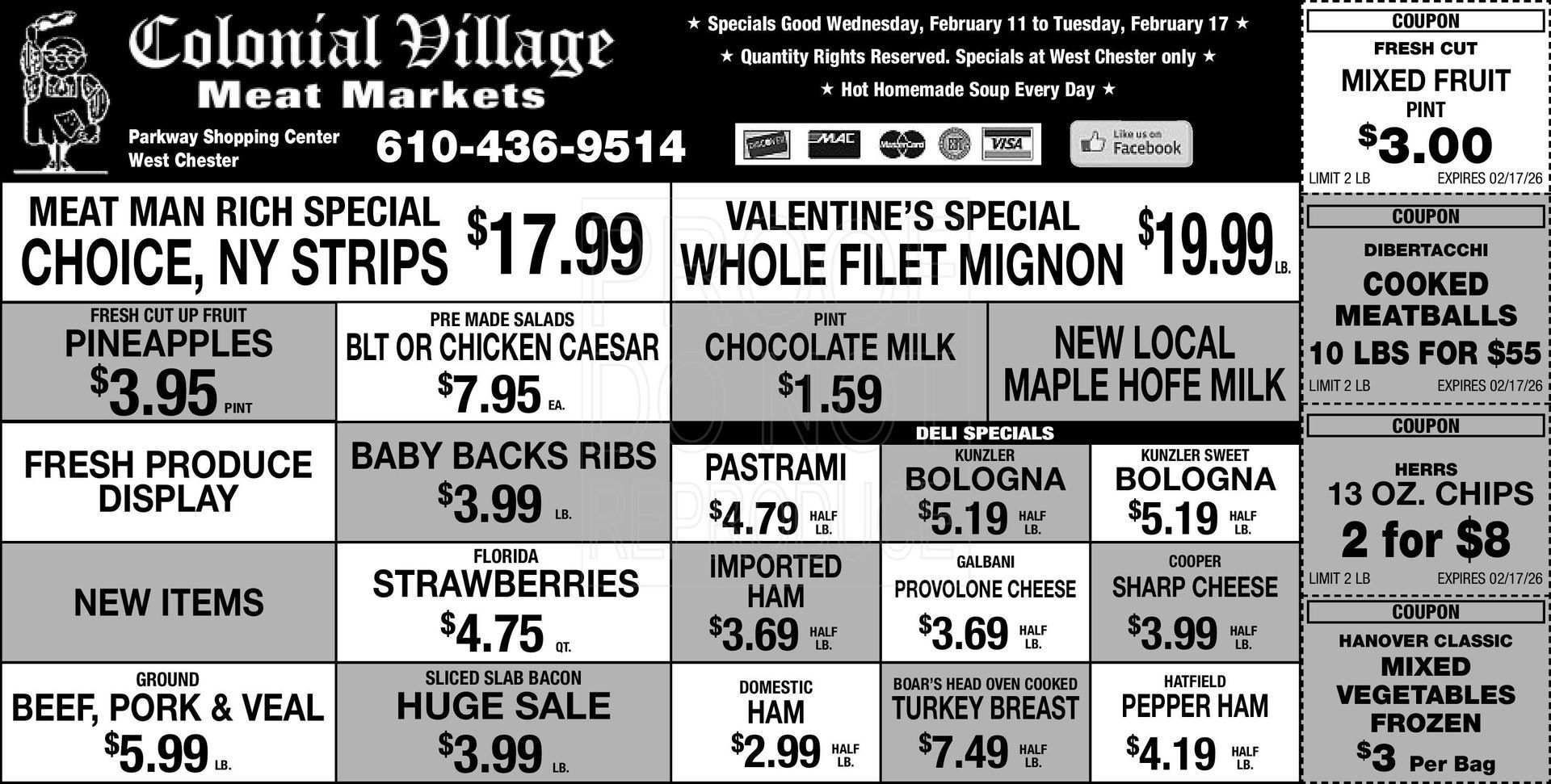 Colonial Village Meat Markets ad NY strips $17.99, Whole Filet Mignon $19.99, plus other meat and produce specials.