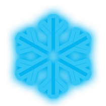 A blue snowflake is glowing in the dark on a white background.