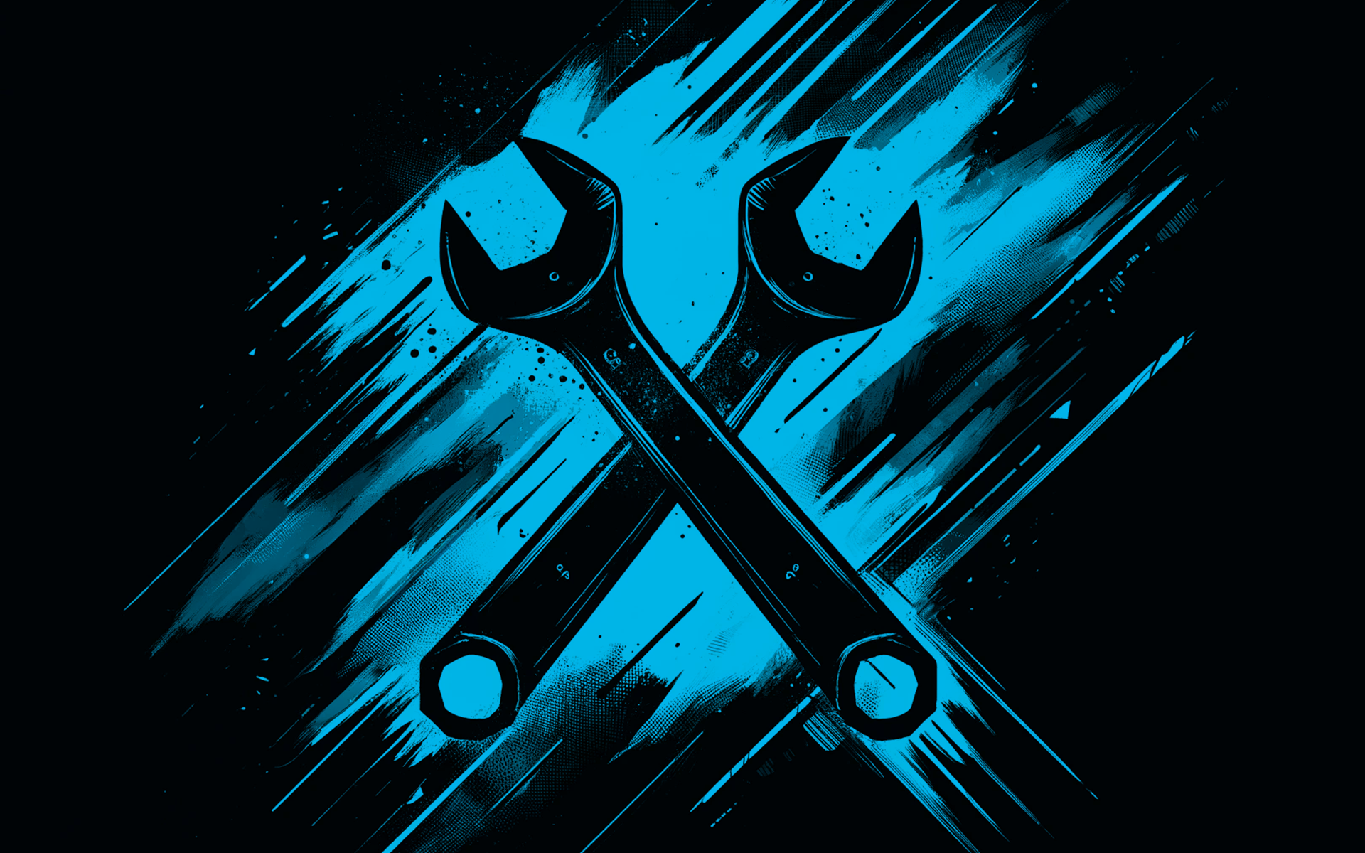 Two wrenches are crossed on a blue and black background.