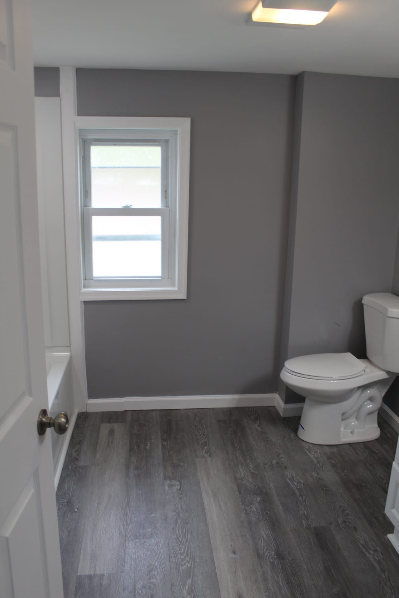Gray bathroom with a toilet, window, and wood-look flooring.