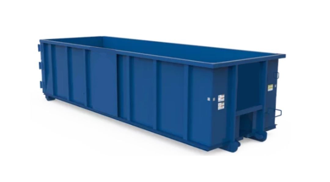 Blue rectangular dumpster.