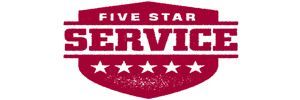 A red shield with the words five star service written on it.