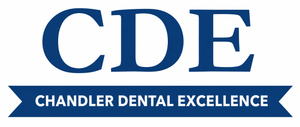 Blue CDE logo with banner reading Chandler Dental Excellence