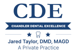 CDE logo for Chandler Dental Excellence with tooth and stars, Jared Taylor, DMD, MAGD, A Private Practice