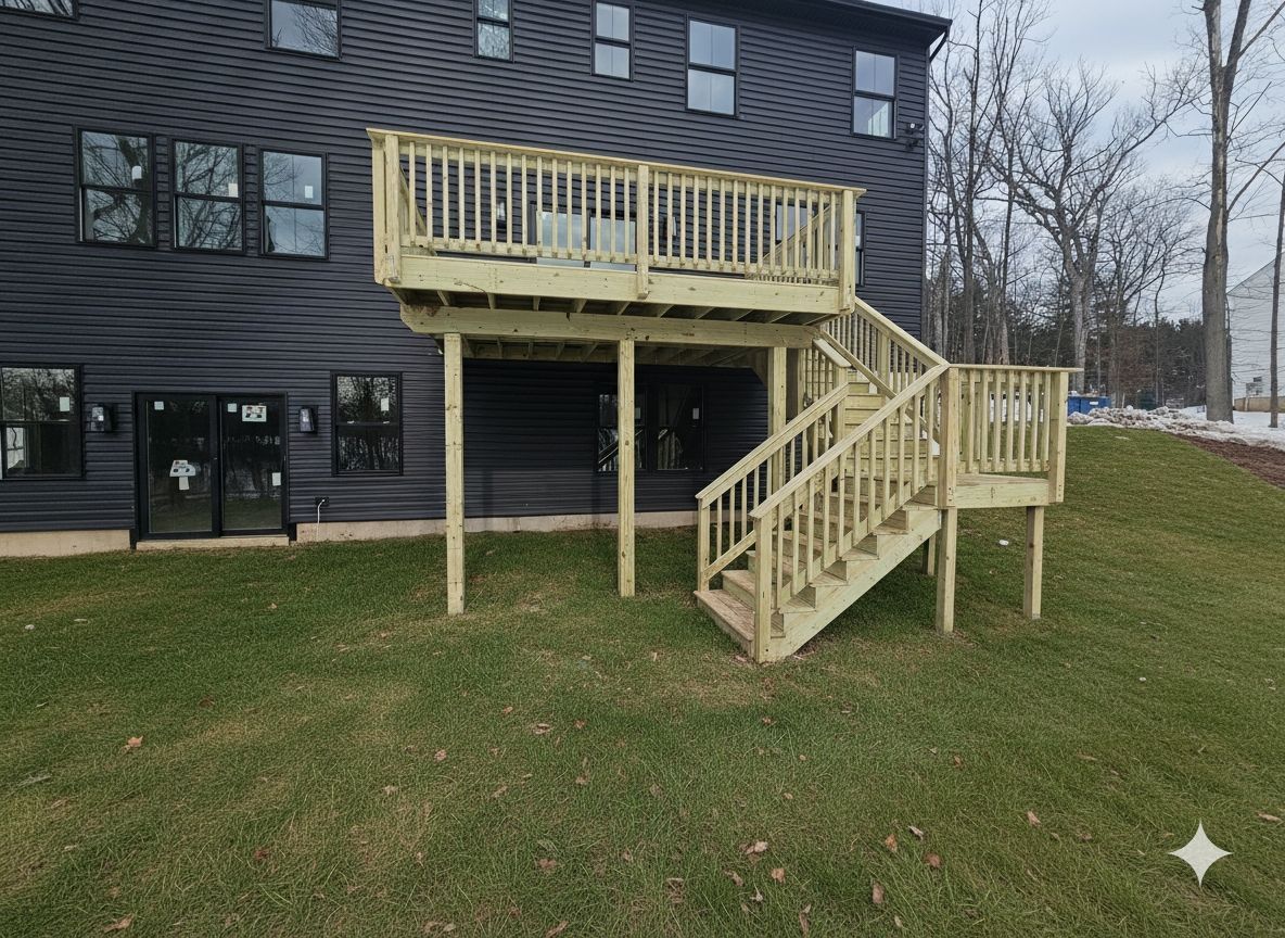 Raised wooden deck and staircase attached to a dark house on a grassy yard