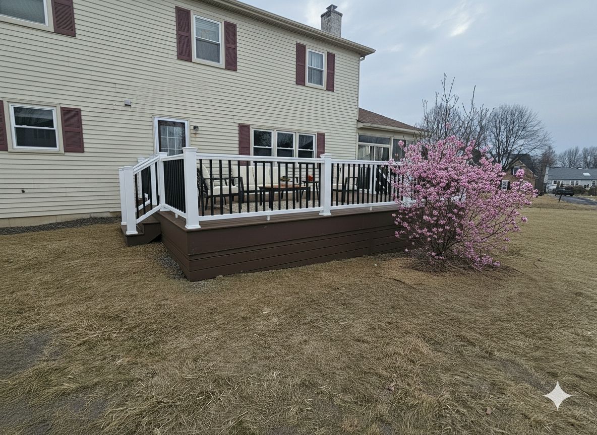 Back deck with white railing beside a beige house, next to a pink flowering tree in a yard