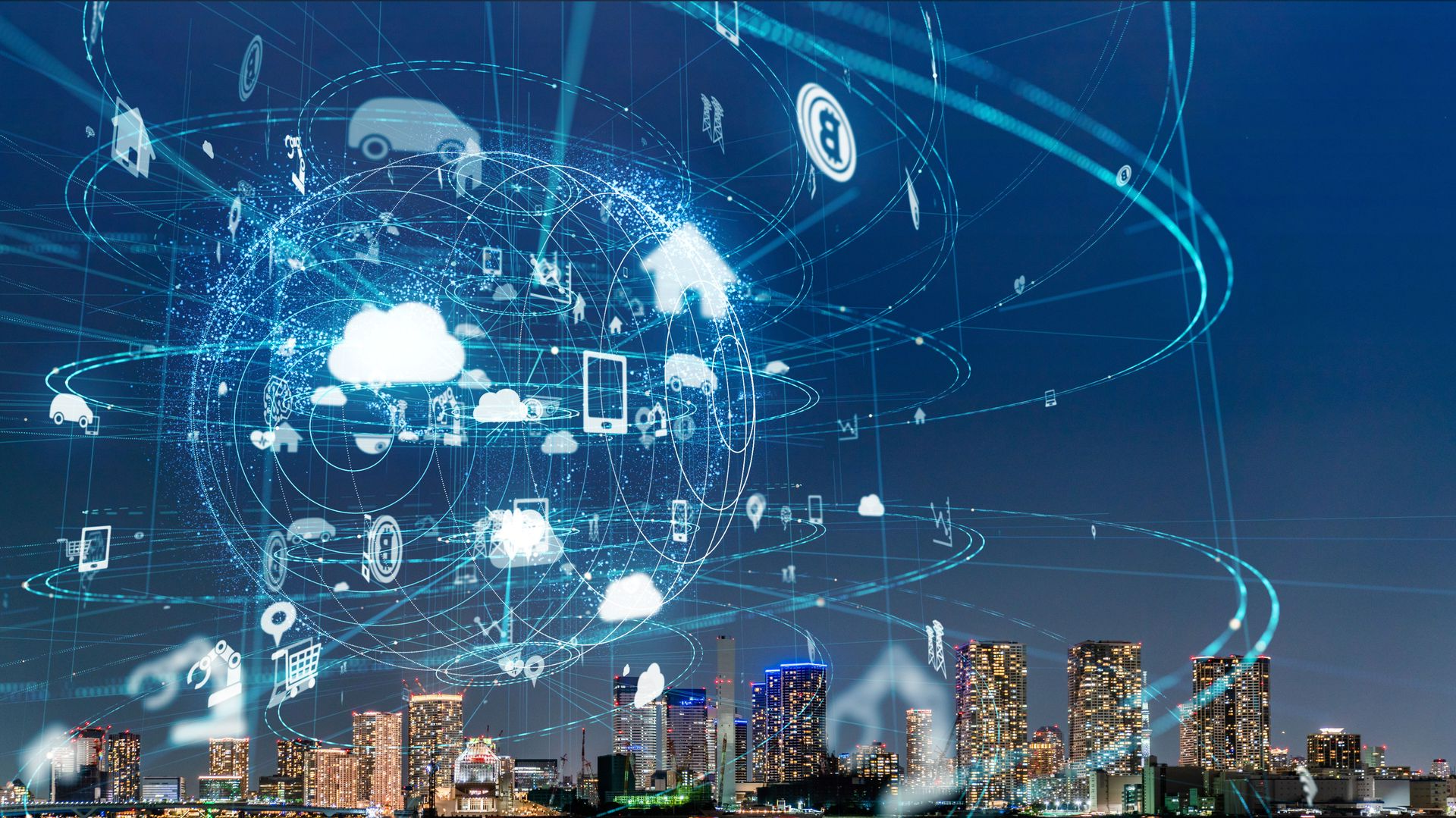 Futuristic city skyline with glowing digital icons and network arcs in a blue sky