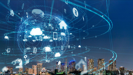 Futuristic city skyline with glowing digital icons and network arcs in a blue sky