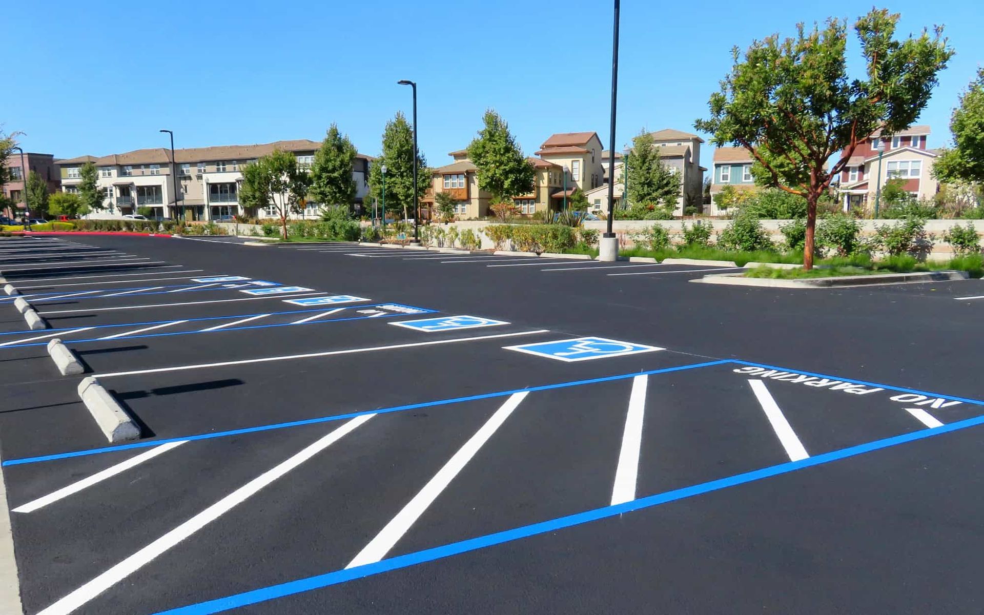 Empty parking lot with blue handicap spaces and white diagonal lines under a clear sky.