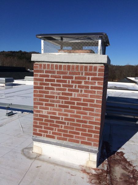 Brick chimney on a flat roof, topped with a metal mesh cap, against a blue sky.