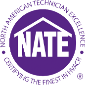 Purple NATE certification logo with text: North American Technician Excellence, Certifying the Finest in HVACR.