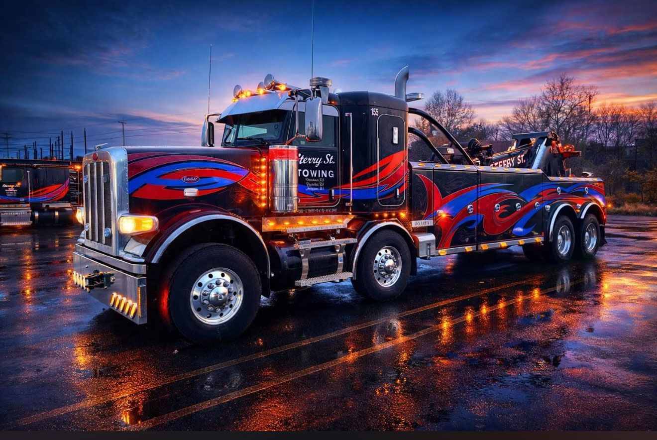 Red and blue custom semi truck parked on a wet road at sunset