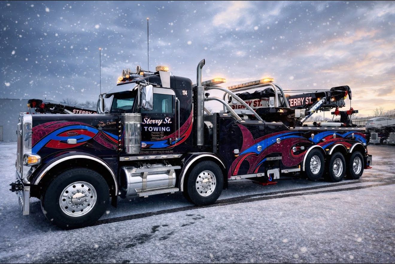 Red-and-black semi truck towing a car hauler trailer in a snowy lot at dusk.