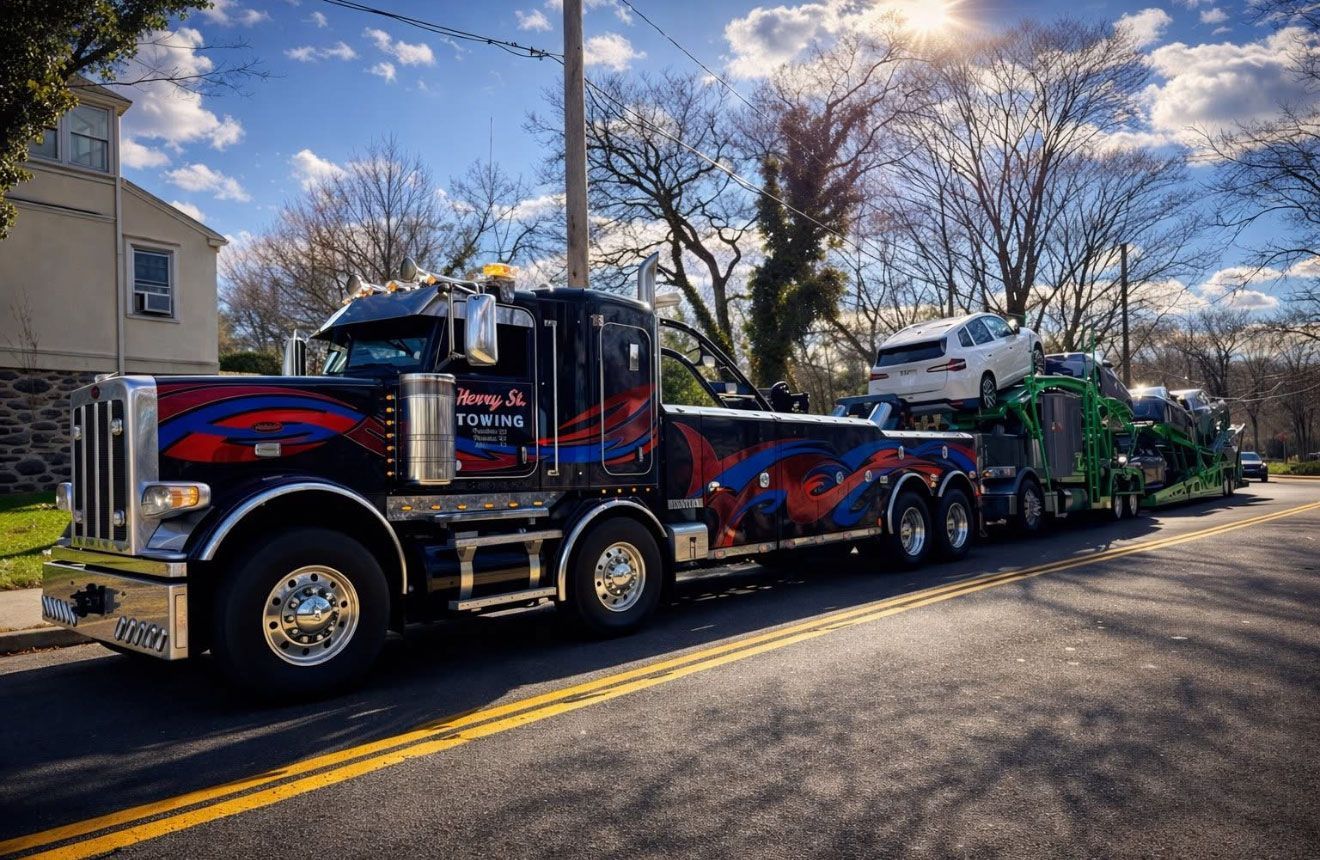 Heavy-duty black semi truck hauling colorful cars on a sunlit suburban street.
