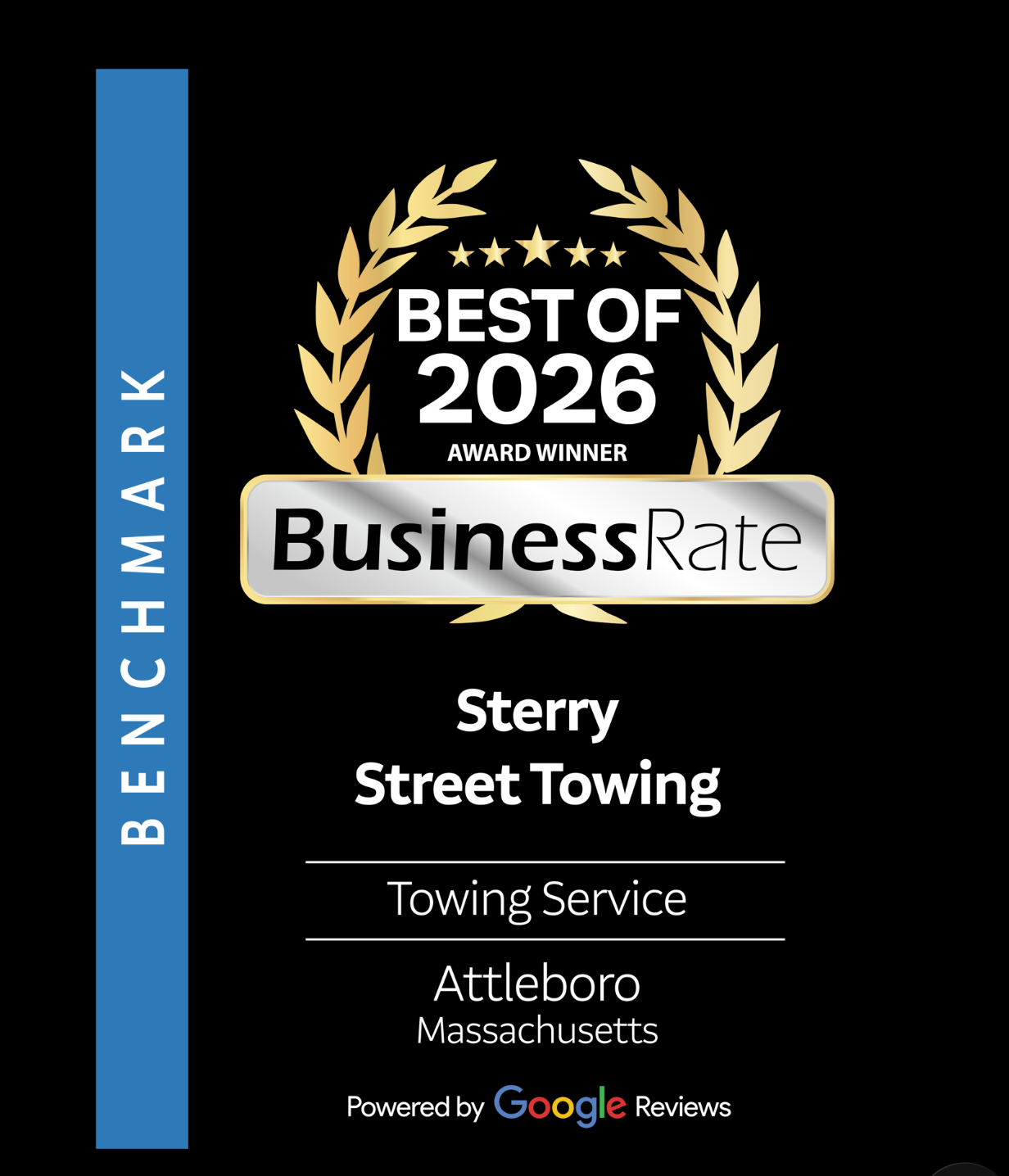 BusinessRate award badge for Sterry Street Towing, Massachusetts, with a blue “BENCHMARK” bar and gold stars.