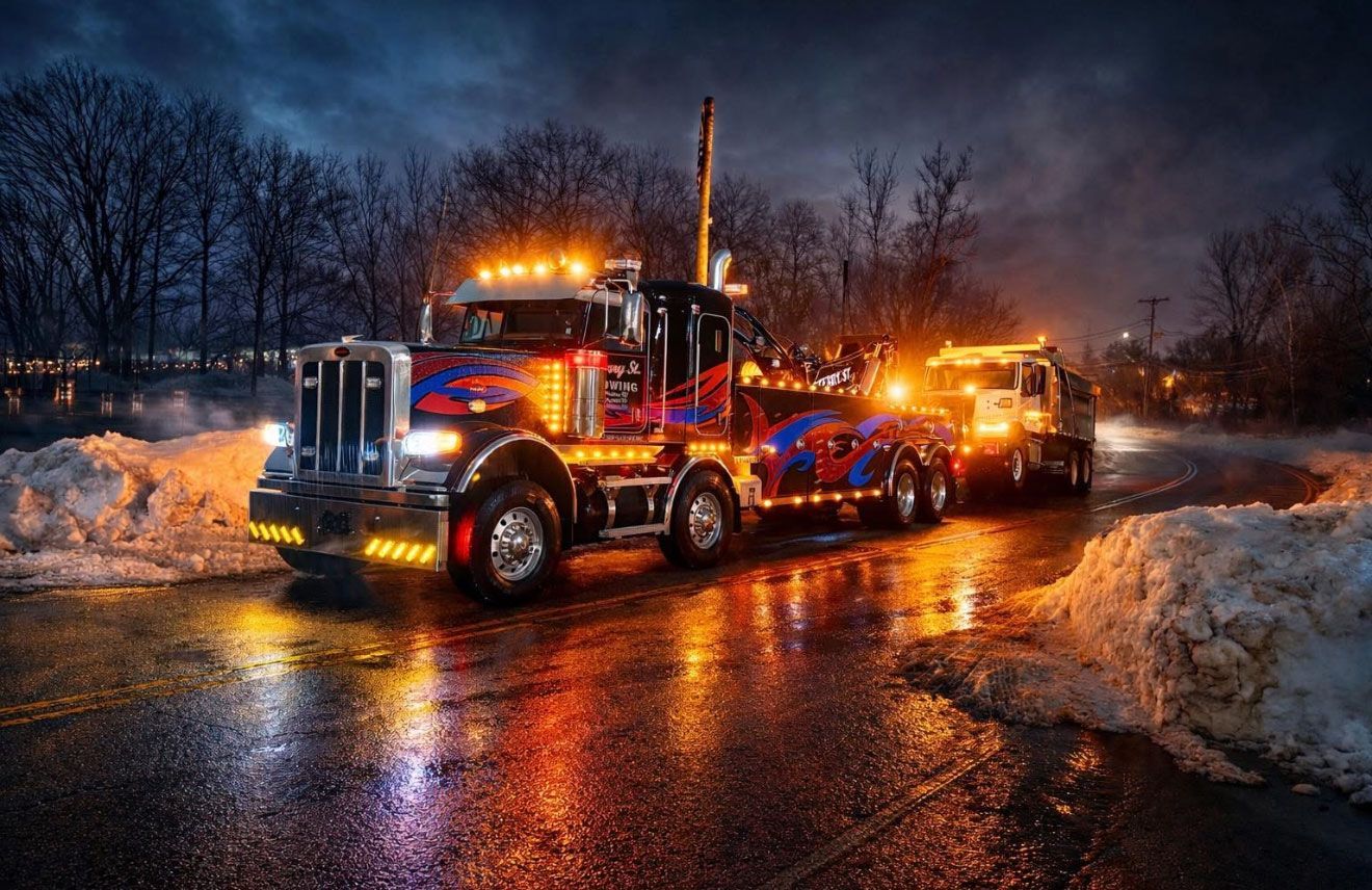 Two tow trucks with flashing lights on a wet road at night beside snowbanks.