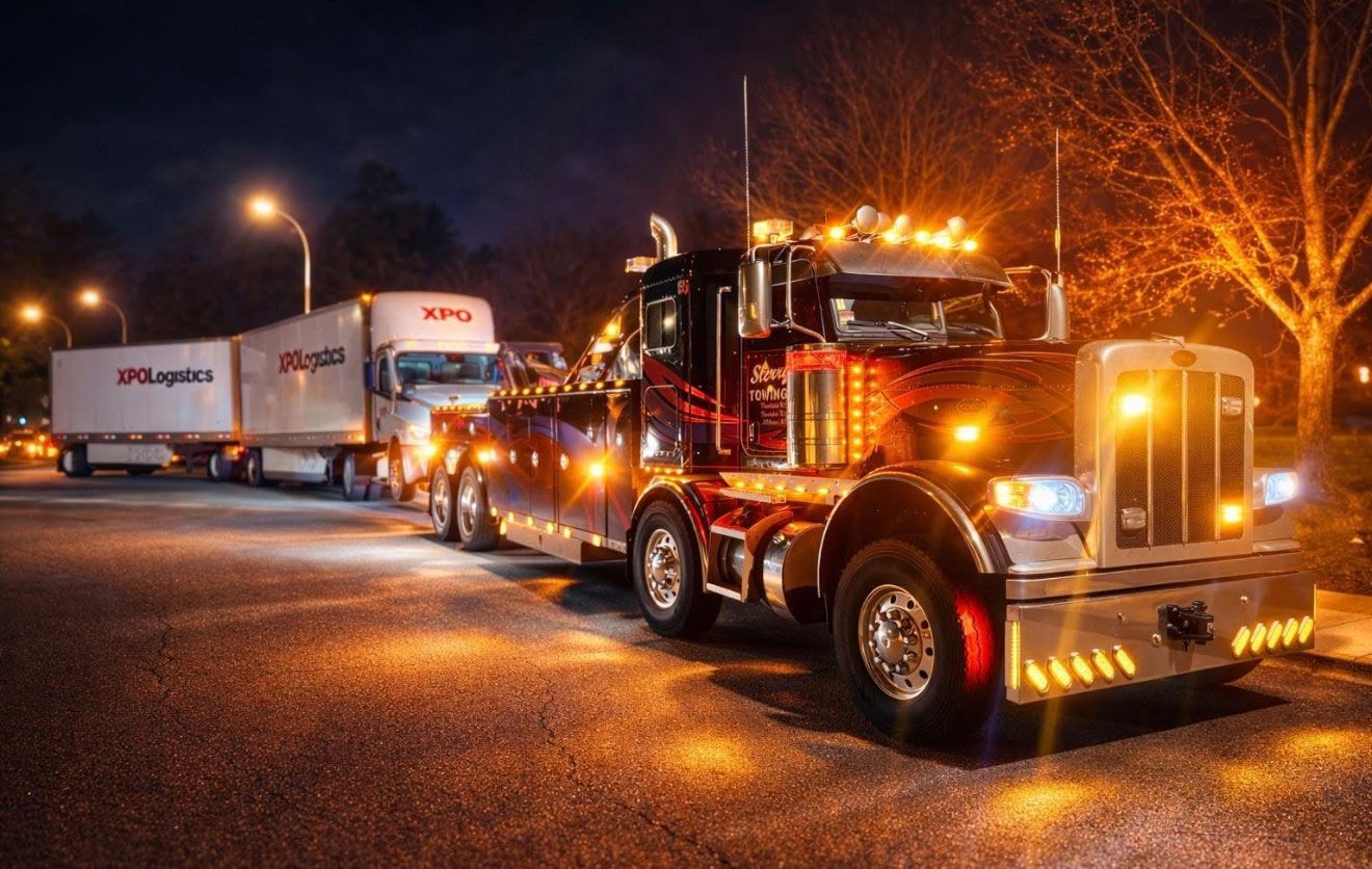 Red semi truck hauling white trailers at night on a wet road, lights reflecting on the pavement.