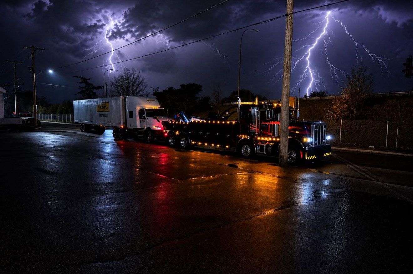 Lightning over a wet road with a truck and cars at night, reflecting purple and orange lights.