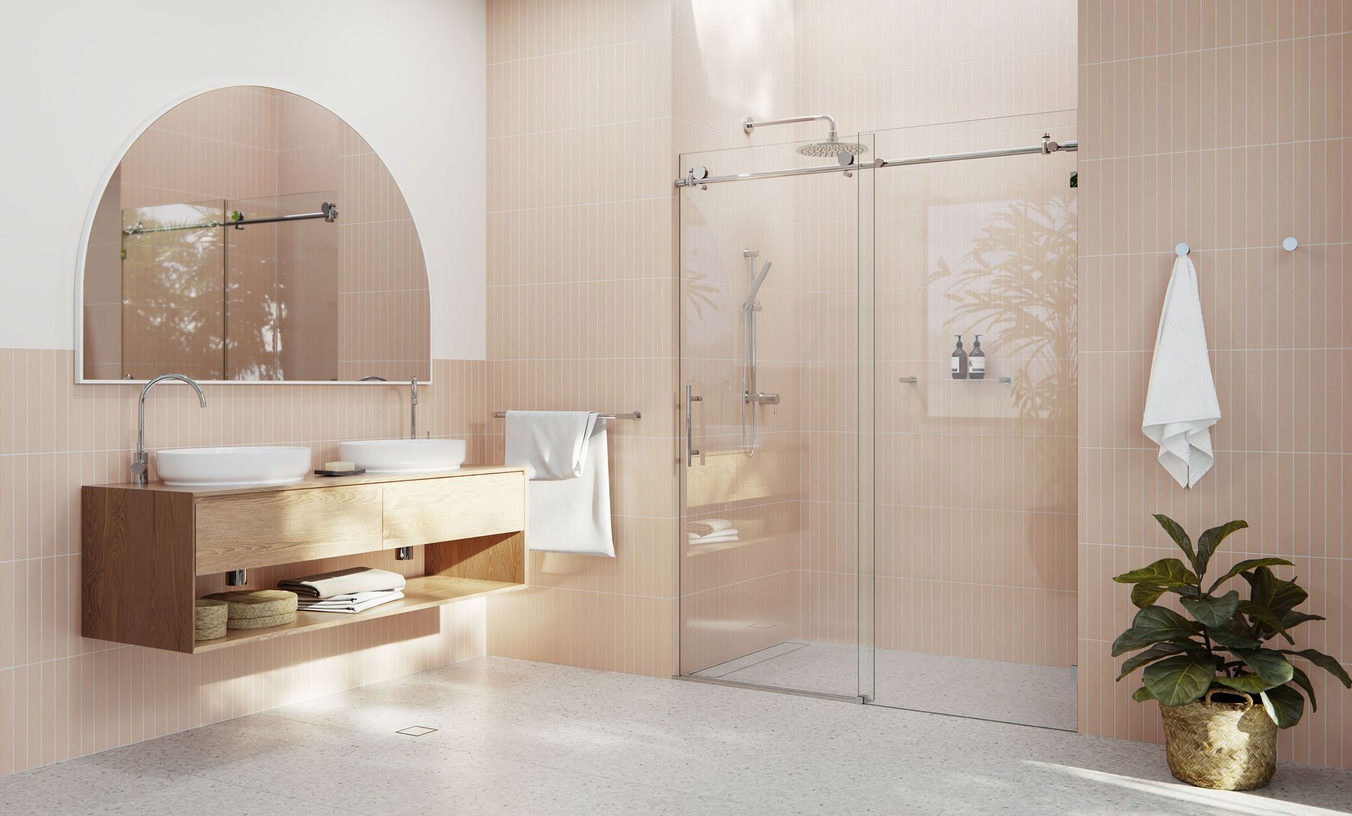 A bathroom with tiles and a walk in shower