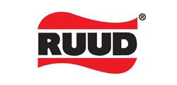 RUUD logo in black letters on a red wavy background