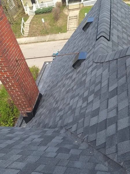 Brick chimney on a dark shingled roof, two skylights visible. Houses and street in the background.